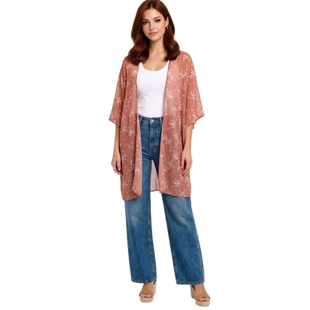 American Eagle Outfitters Burnt Orange Floral Sheer Boho Kimono One Size